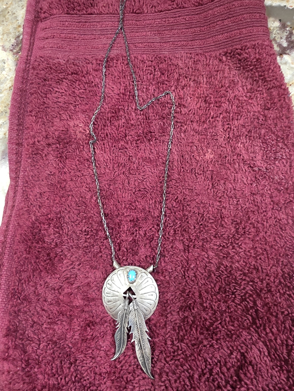🌵 VINTAGE NAVAJO STERLING SILVER CONCHO, TURQUOISE & FEATHER NECKLACE 🪶💙